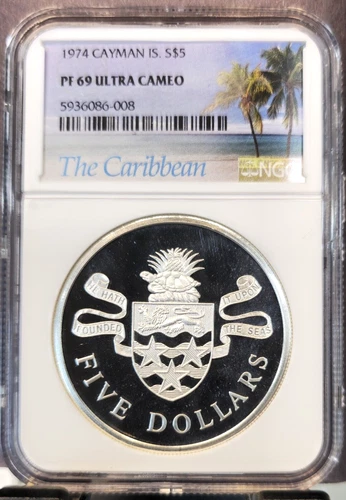 1974 CAYMAN ISLANDS SILVER 5 DOLLARS NGC PF 69 ULTRA CAMEO SCARCE HIGH GRADE