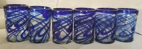 Mexican Hand Blown Glass Tumblers Blue Swirl Art Glassware Set Of 6 Beautiful