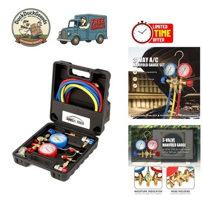 Durable 3-Way AC Manifold Gauge Set with Color-Coded Hoses for Accurate Readings