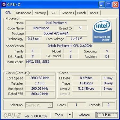 INTEL Pentium4 2.60 GHz Socket478 Northwood Used Normal