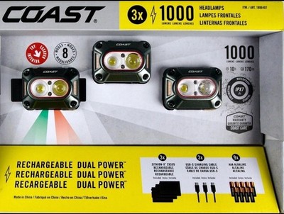 COAST CH1000R 1000-Lumen HEADLAMP 3 Ct. RECHARGEABLE DUAL POWER IPX7 WATERPROOF