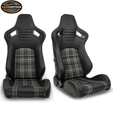 Universal Reclinable Racing Seat Dual Slider Pu Carbon Leather Yellow Plaid Pair Universal Reclinable Racing Seat Dual Slider Pu Carbon Leather Yellow Plaid Pair