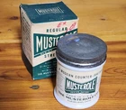 VINTAGE MUSTEROLE MILK GLASS JAR, LID AND ORIGINAL BOX SOME PRODUCT REMAINS 3"