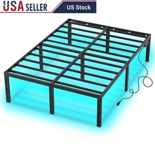 Queen Bed Frame W/ LED Lights Charging Station Heavy Duty Platform Bed Frame New