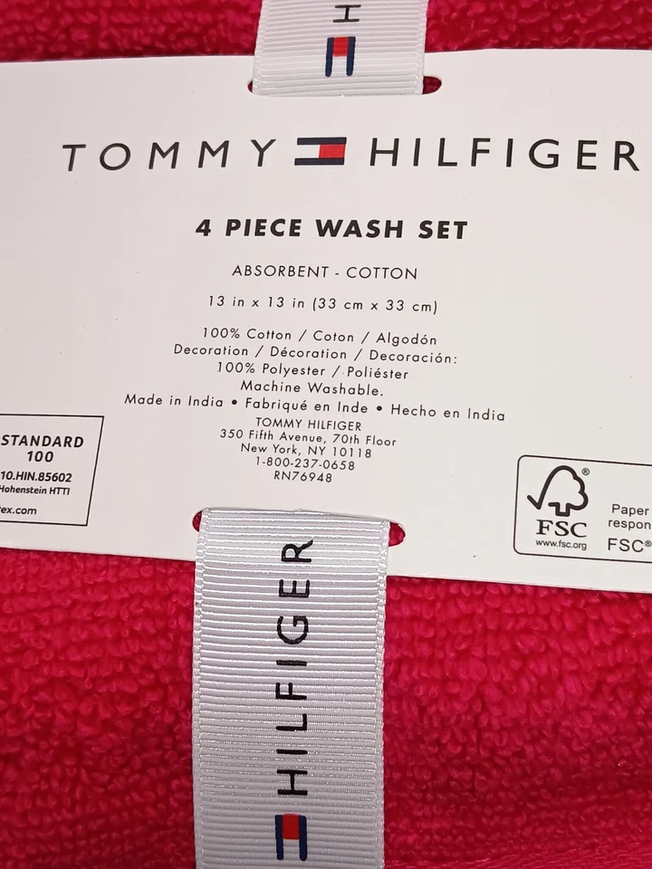 JUEGO DE 4 PAÑOS TOMMY HILFIGER ROJO ROSA RAYAS PARQUE 13"X13" 100% ALGODÓN NUEVO EN PAQUETE Foto 2 de 4