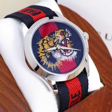 Gucci Tiger Embroidered Navy G Timeless Quartz Watch Used with Battery Replaceme