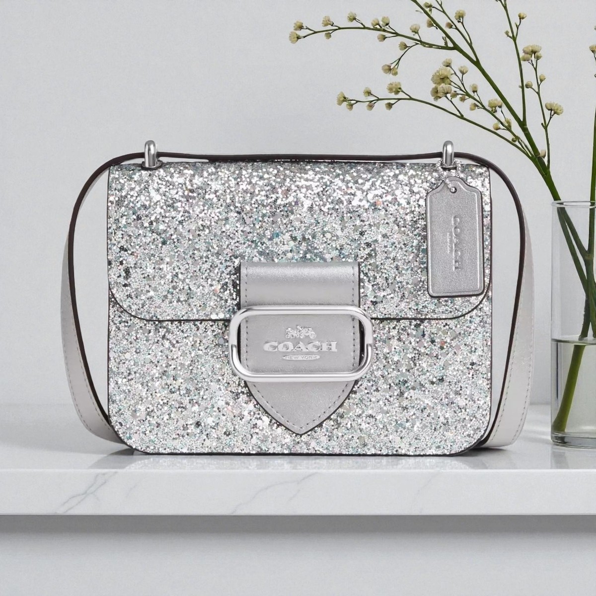 Coach Morgan Square Crossbody Purse Bag in Silver Glitter Leather