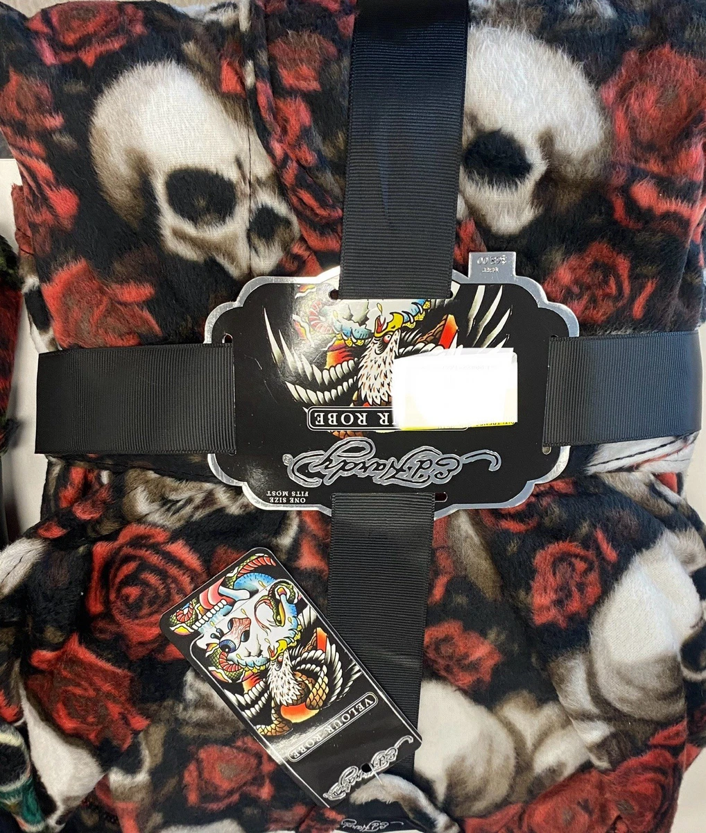 ED HARDY Unisex Velour Plush Bath Robe Skulls & Roses~Y2K~One Size