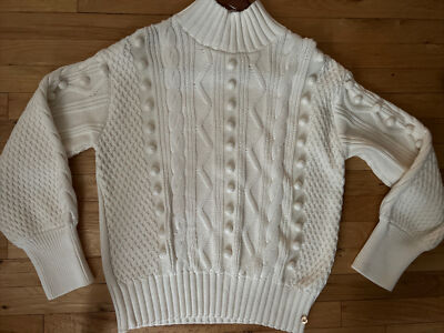 $395 NWT Milly Chunky Bobble Ecru Turtle Neck, Pullover Cotton Sz Large Knit