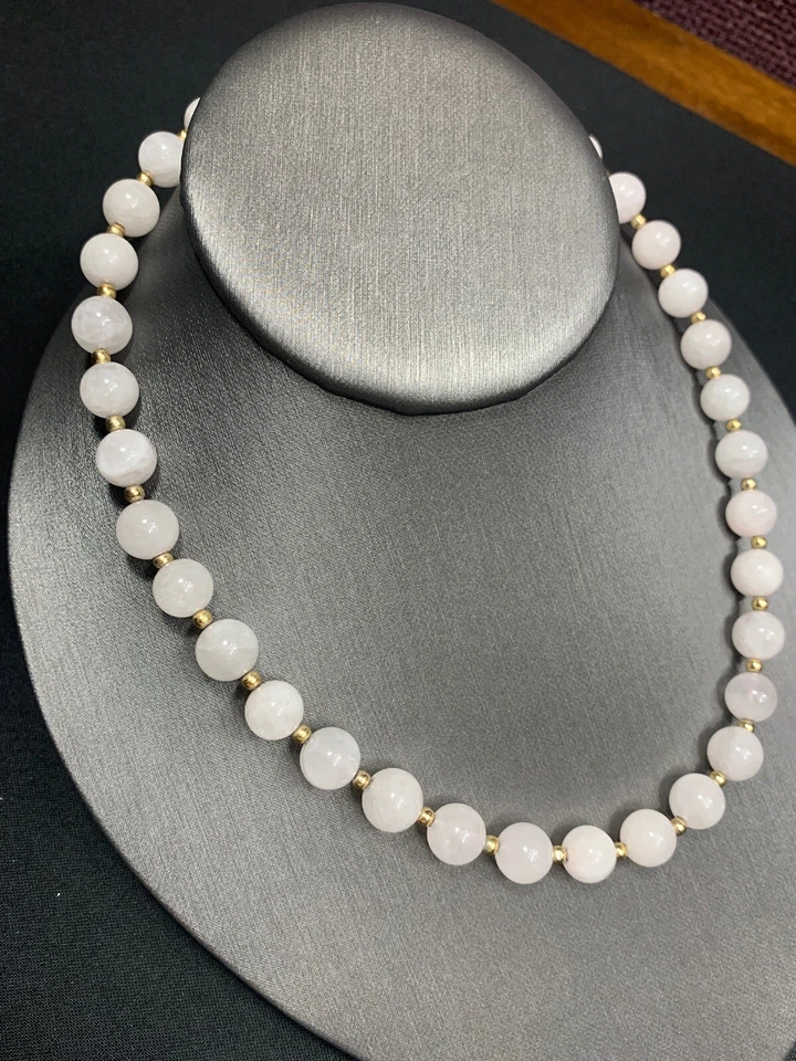 16 Inch Pale Pink / Rose Quartz Round 8mm Healing Beaded Necklace Gold Accents - Image 4 of 4