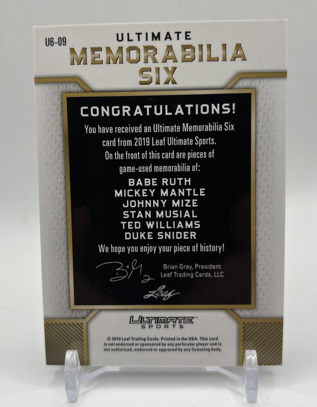 2019 Leaf Ultimate Sports Memorabilia Six Babe Ruth, Mickey Mantle