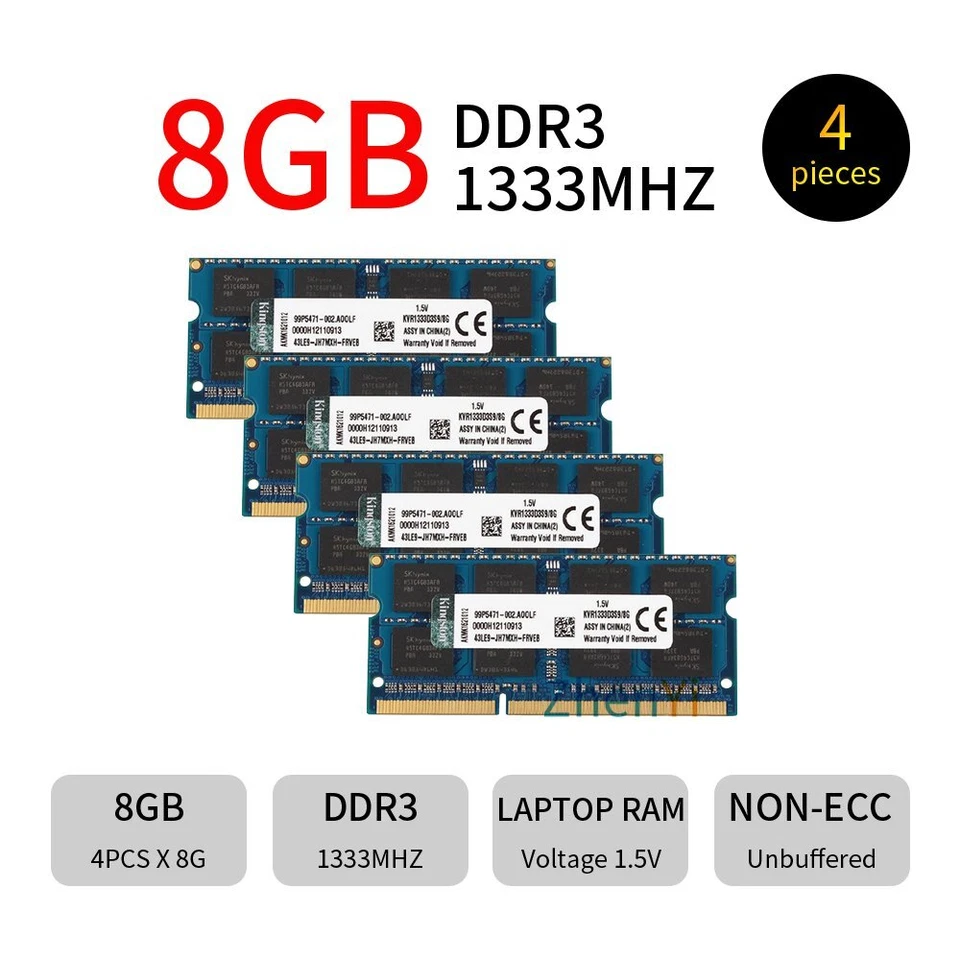 Kingston 32GB 4x 8GB 4GB DDR3 1333MHz KVR1333D3S9/8G SODIMM Laptop Memory LOT BT - Image 2 of 4