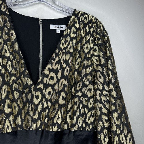 Ro&Zo Dress Sz 16 Isabella Black Gold Foil Print Bias Cut Midi Long Puff Sleeves - Picture 3 of 18