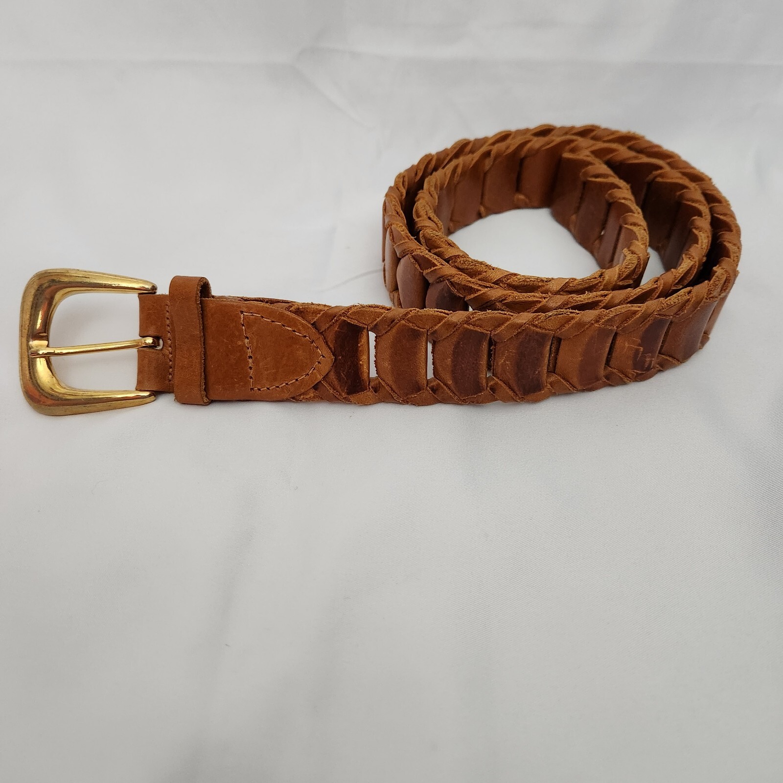 Leather Belt Made in Argentina Men’s M/L Brown Braided Handmade Golden Buckle-image