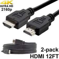 Pack of 2 Digital High-Speed 1.4 HDMI Cables PVC 2160p Black Cord (12 feet)