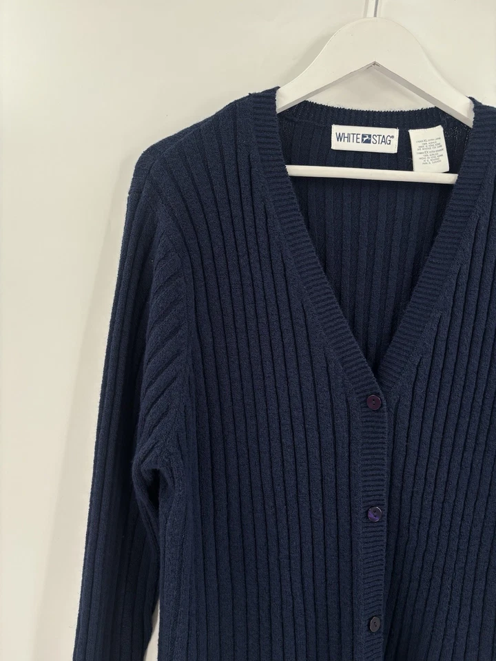 White Stag Cardigan Sweater Womens XL Navy Blue Rib Knit Button V Neck Stretchy - Image 4 of 4