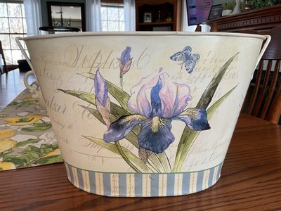Cream Tin Iris Butterfly Floral Design Storage Bucket 15 x 9.25  x 10.25  PRETTY