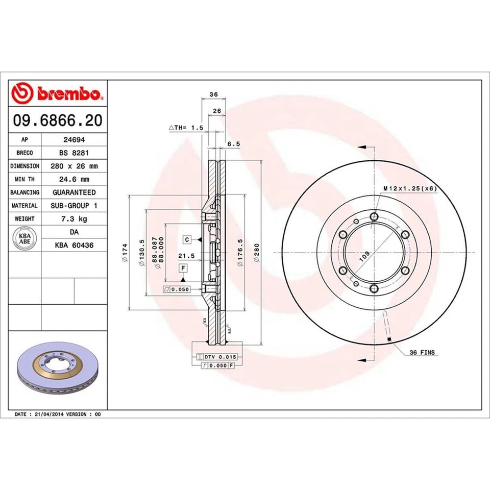Se adapta a rotores de freno delanteros Acura SLX 1996-1999 - equivalente Brembo Premium OE Foto 4 de 4
