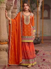 New Attractive Orange Chinon Silk Kurta Palazzo With Dupatta For Engagement