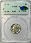 1936 Mercury Dime - PCGS MS65 FB CAC - Rattler Old Holder - Full Bands Gem BU