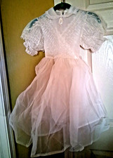 PRETTY  VINTAGE 1st COMMUNION HANDMADE NYLON DRESS W/LACE  VEIL  SZ 6-8 