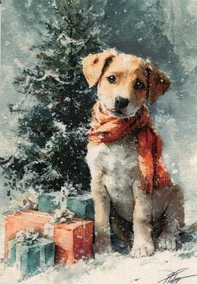 Grußkarte * Kunstlerkarte* Weihnachten * Ein Welpe unter dem Weihnachtsbaum