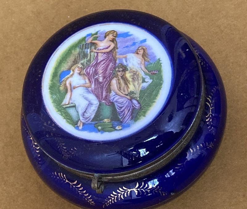 Hand Painted Porcelain Cobalt Blue Trinket Box Made In Japan