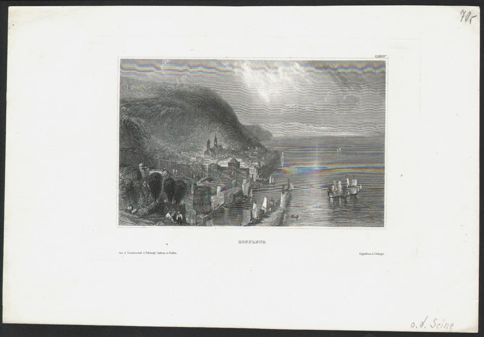 XIXe Gravure originale Vue Honfleur port voiliers Normandie Calvados - Photo 2/2