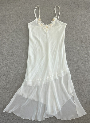 Y2K Slip Dress Medium White Pearls Embroider Bridal Asymmetric Whimsical Witch