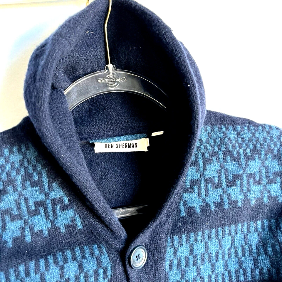 Ben Sherman Mens M Lambswool Blue Fair Isle Shawl Collar Cardigan Sweater - Image 3 of 4