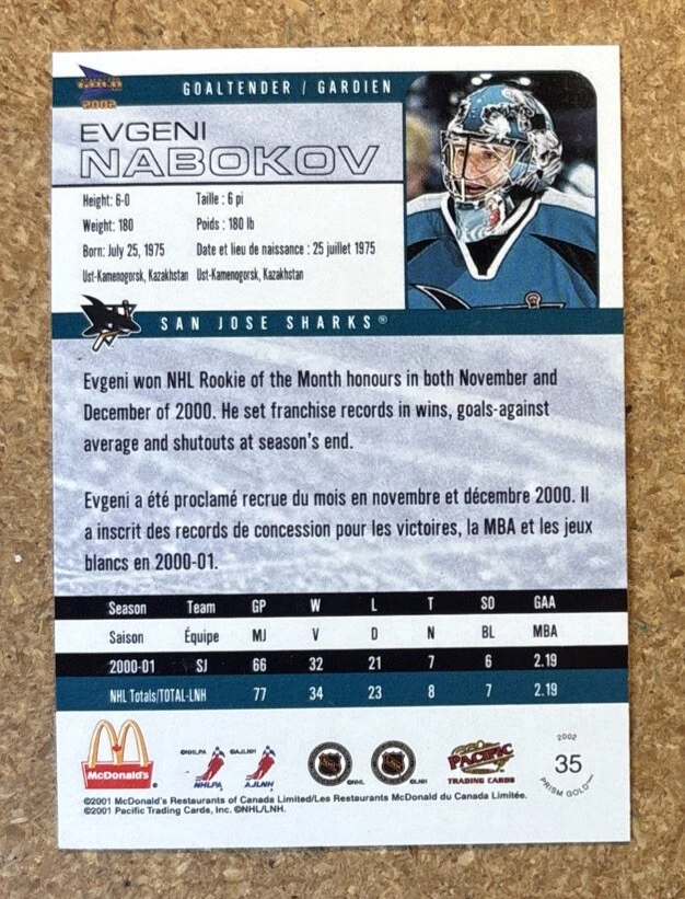 2001-02 Pacific Prism Gold McDonald's Evgeni Nabokov #35 - Image 2 of 2