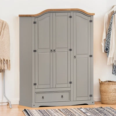 Corona Wardrobe 3 Door 1 Drawer Grey Wax Mexican Solid Pine by Mercers Furniture