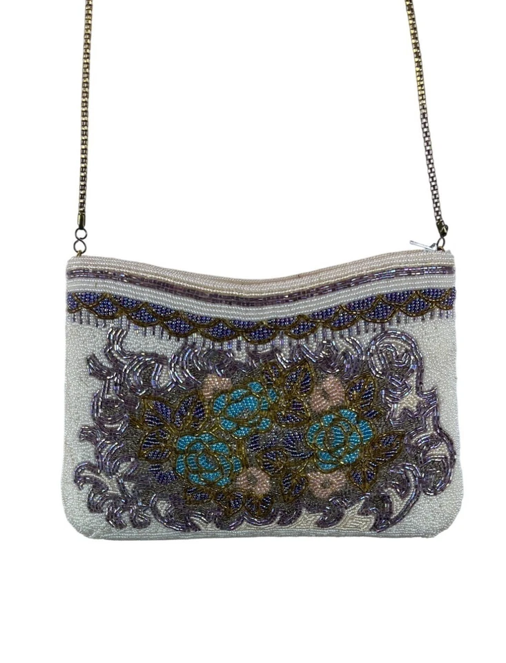 Bolso sin asas de noche vintage Le Regale marfil y púrpura con correa de cadena con cuentas para mujer talla S Foto 2 de 4