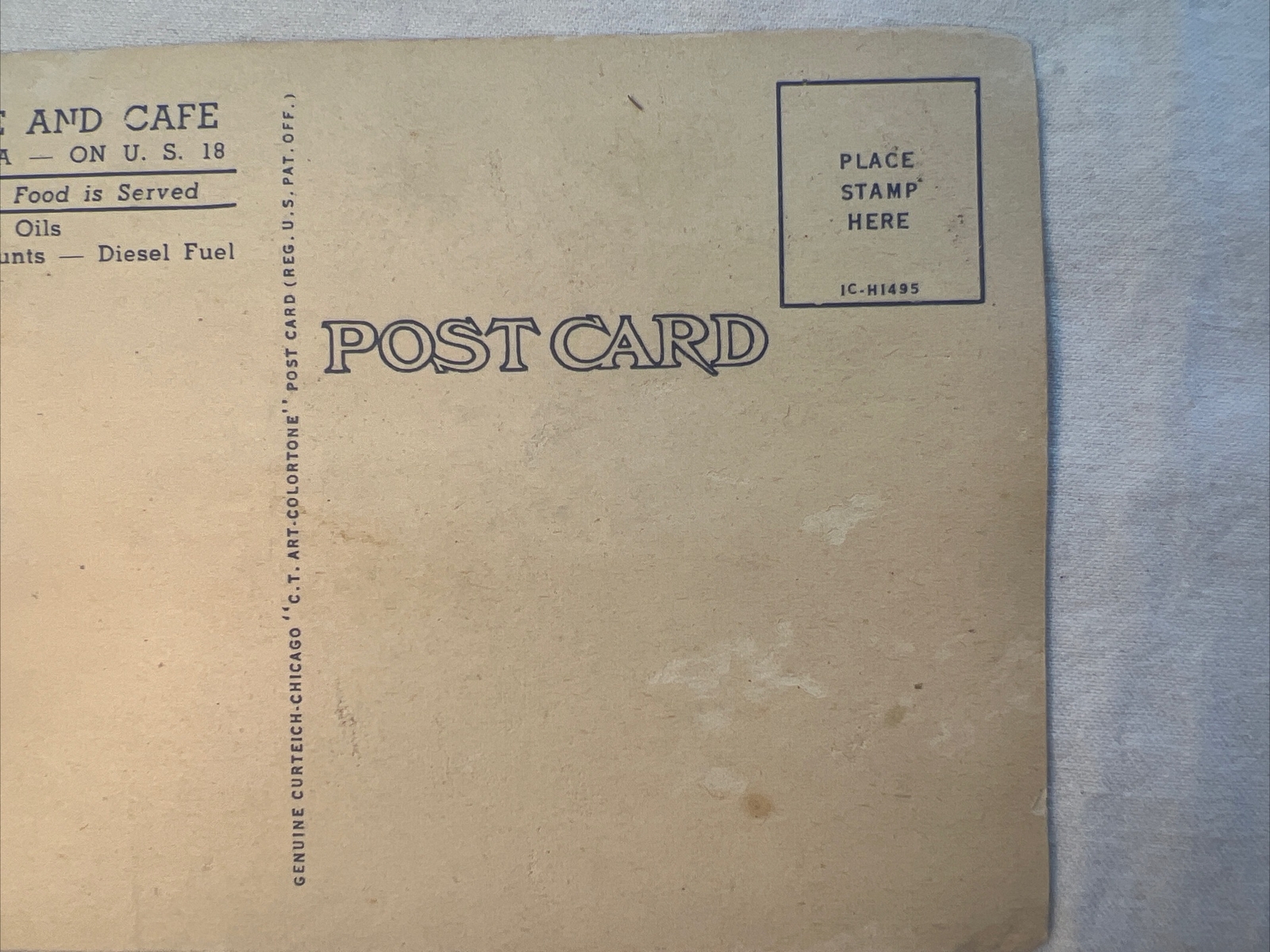 1950's LINEN POSTCARD MENNO SD KLAUDT'S CAFE & SERVICE STATION GAS