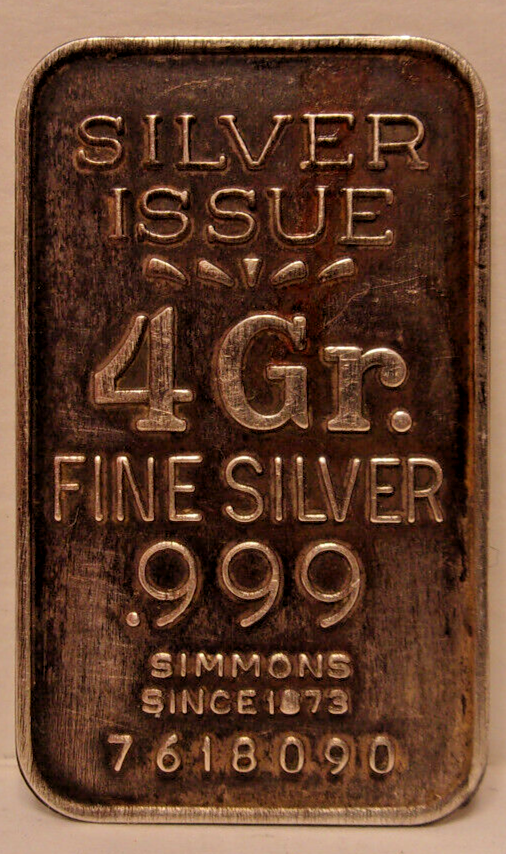 Simmons Silver Issue 4 Gram .999 Fine Silver Bar - Rare Simmons Silver Issue 4 Gram .999 Fine Silver Bar - Rare