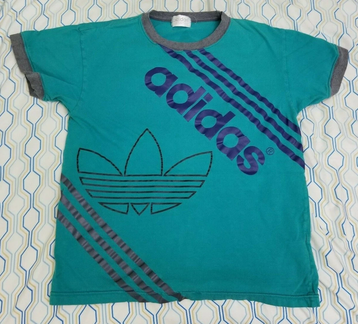 VTG 80s 90s Descente Adidas Trefoil T Shirt Ringer Blue Green Japan Stripe  Small