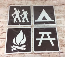 Lot of 4 Metal Tent Camping, Hiking, Picnic &  Campfire Park Signs 6"x6" (New)