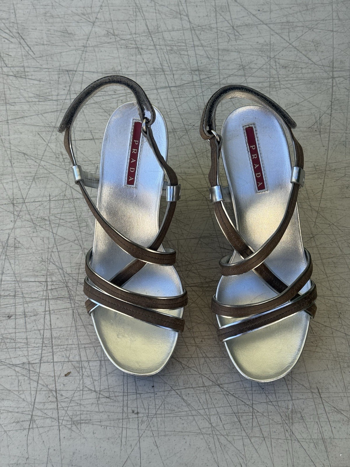 PRADA Platform Sandals Silver Grey Strappy Leather Cork Size 35 Italy Sz 4.5-5 thumbnail 2