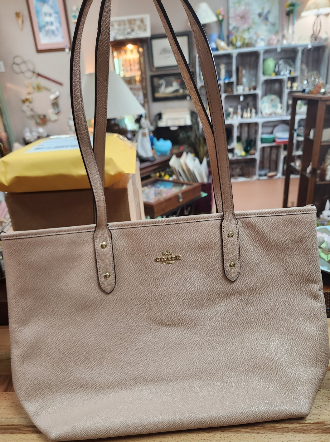 Coach Beige Pebbled Leather Tote Bag for Women with Logo Tag & Brand Card