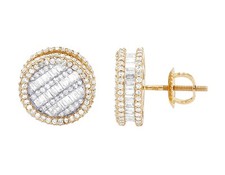 Baguette Row Cluster 1 3/5 CT Real Diamond 3D Stud Earrings 12MM 10K Yellow ...