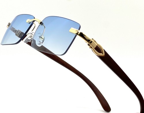 Herren Vintage Gold Gestell Randlos Hip Hop Schwarz Holzmaserung Klare Gläser Brille - Bild 61 von 104