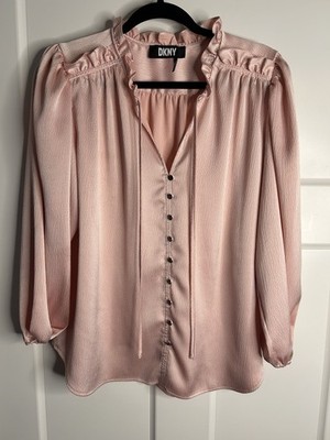 DKNY Women s Long Sleeve Ruffle Blouse Feminine Pink No Size Tag See Pics 2524