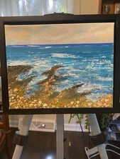 acrylic California Seascape & Poppies painting on canvas 10”-8” Framed