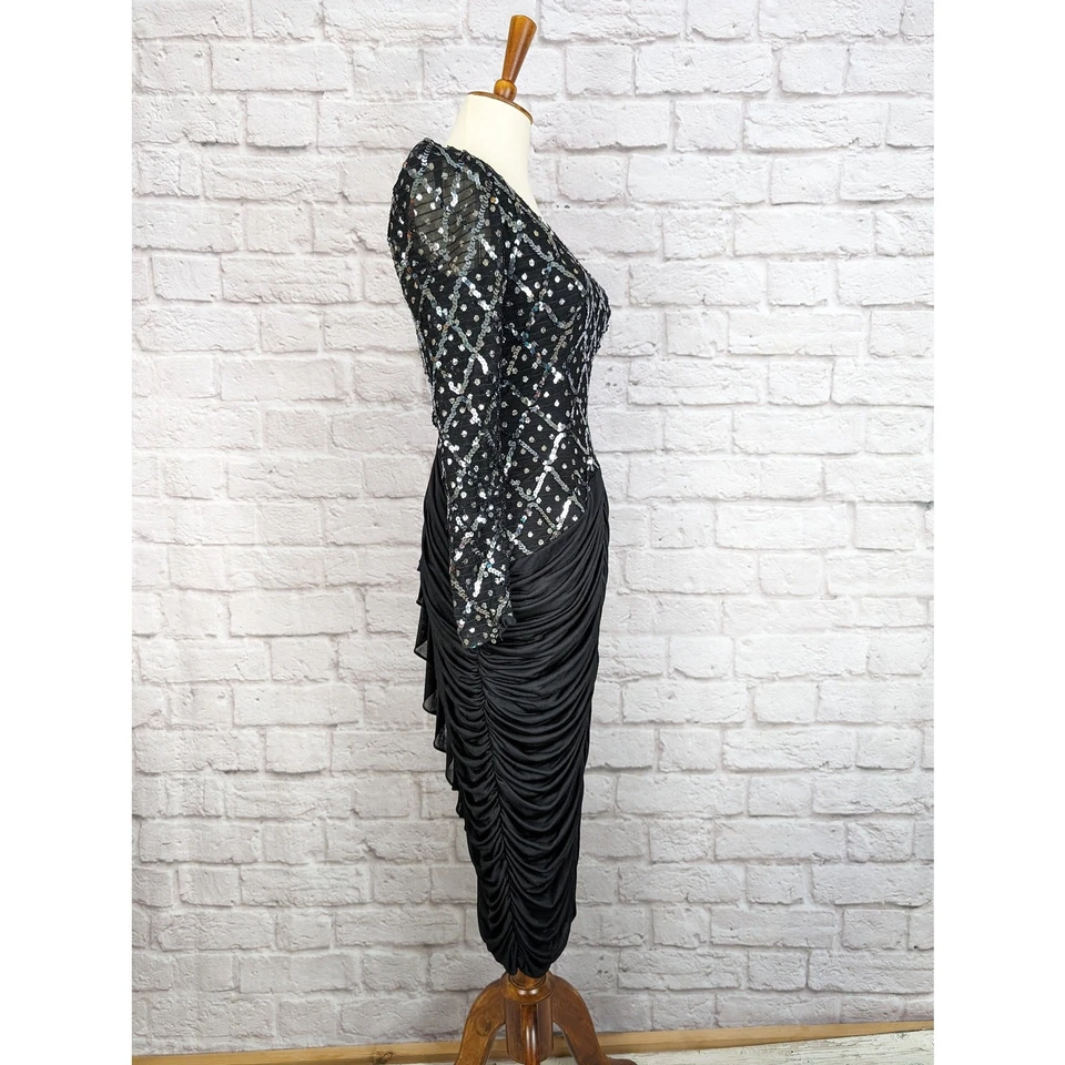 Sexy Formal de Lentejuelas de Encaje Negro De Colección Abierto Talla 7 8 Pequeño Mediano Años 80 90 Formal Foto 2 de 4