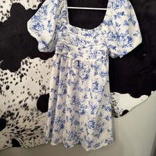 SHEIN Blue White Dress Size Small Puffy Sleeves Elastic Pleated Body Cute!