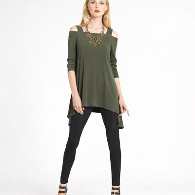 Clara Sun Woo Olive Cold Shoulder Tunic Asymmetrical Hem Stretch Top 