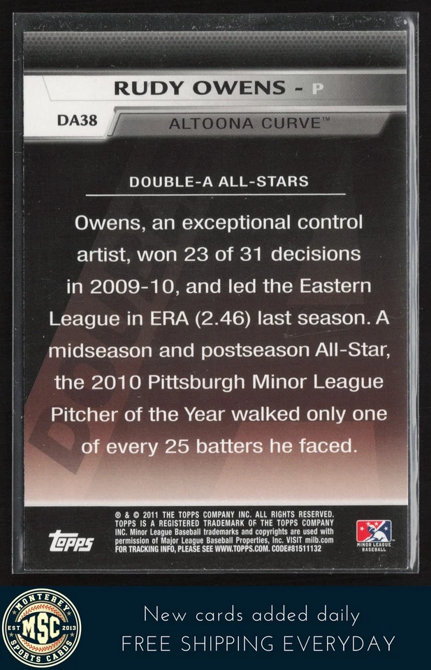 Rudy Owens 2011 Topps Pro Debut Double-A All Stars #DA38 Altoona Curve - Image 2 of 2