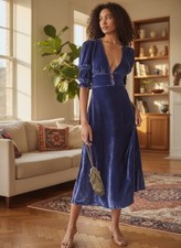 Reformation Maura Midi Maxi Dress Danube Blue Velvet Size 8