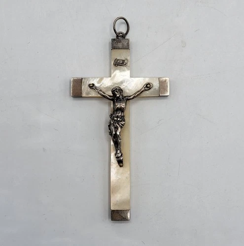 Early 20th Century Crab Mother of Pearl and Solid Silver Pectoral Cross Pendant Jewelry
