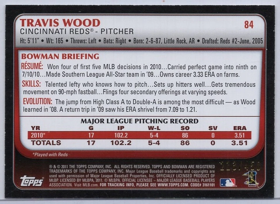 2011 Bowman Green #84 Travis Wood #'d 213/450 - Image 2 of 2
